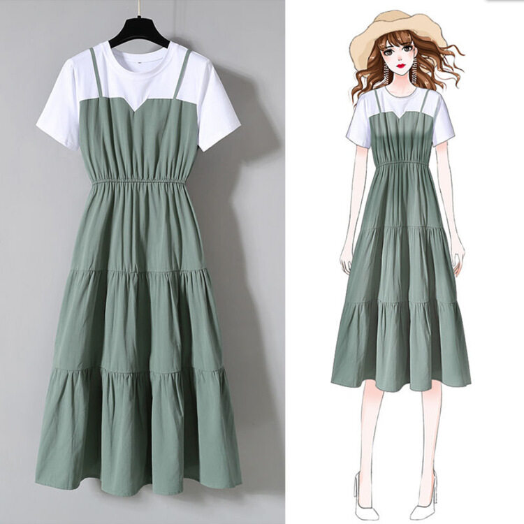 Large size dress women's summer Korean fake two-piece dress age-reducing short sleeve round neck A-line skirt slim mid-length skirt